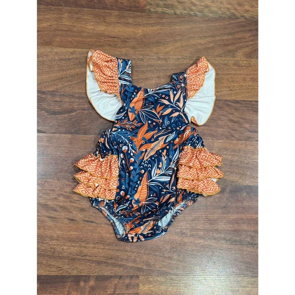 Pete + Lucy - Navy and Orange Floral Ruffle One-Piece Bubble Romper with Ruffles